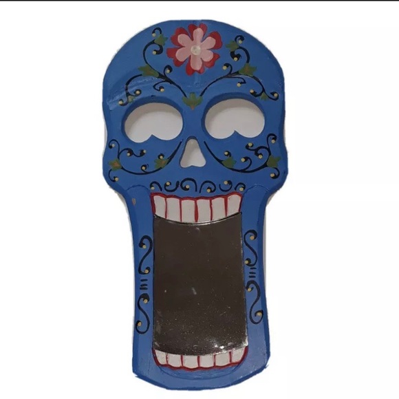 Sugar Skull Dia de los Muertos Day of the Dead Wall Mirror Plaque - Blue - Picture 1 of 4